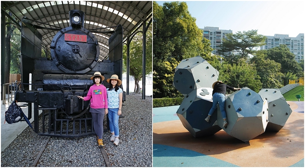 台南竹溪水岸園區，打卡鬼滅無限列車，漫遊古都版鴨川月見橋，還有小山丘溜滑梯，毛毛蟲攀岩。溜小孩+散步好去處～ @捲捲頭 ♡ 品味生活